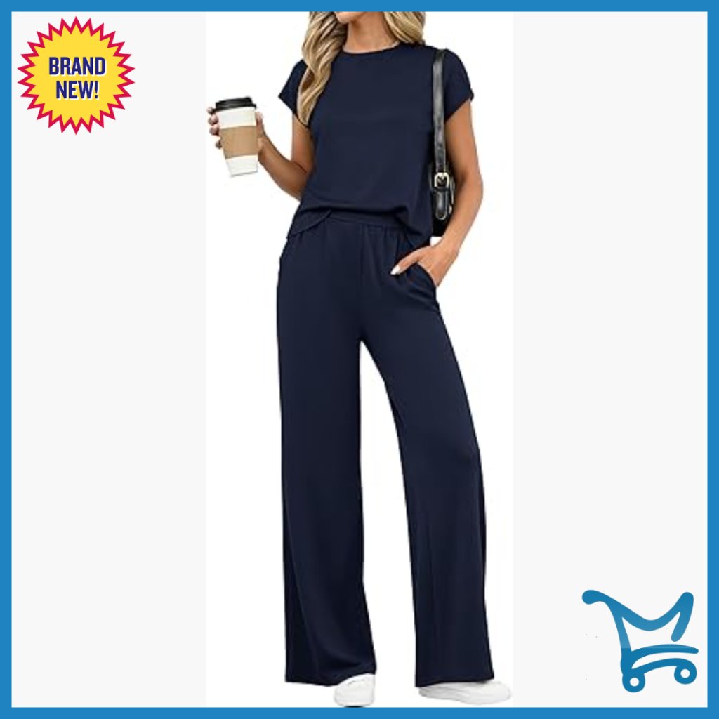 Women's 2-Piece Lounge Set Cap Sleeve Top Wide Leg Pants Pockets